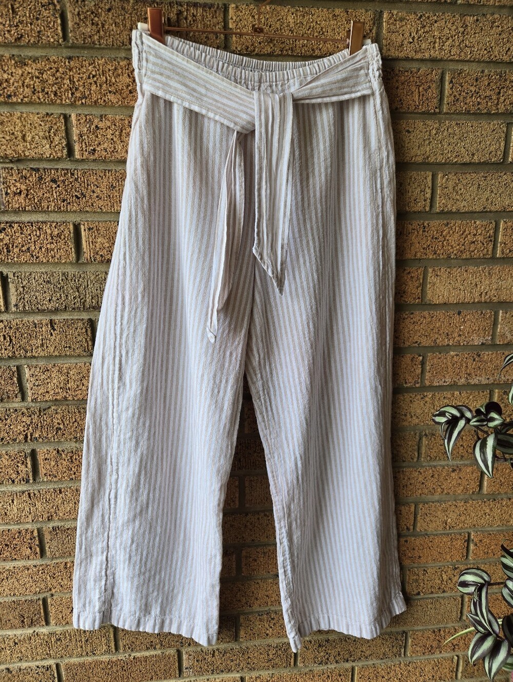 Beachlunchlounge Linen Cotton Wide Leg Striped Pants Small Paperbag Waist Coasta